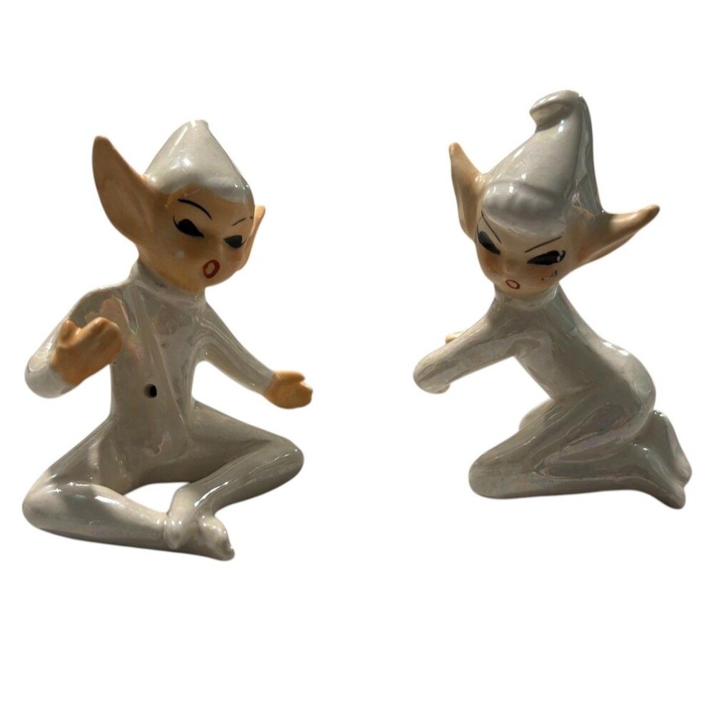Pair 1950's Holt Howard Christmas Ceramic Pixie Elf Candle Climbers